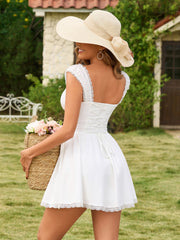 Lace Trim Crisscross Back Ruched Mini Dress