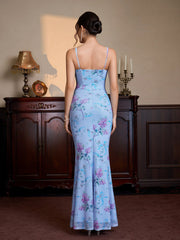 Lace Trim Tie Front Zipper Floral Print Mesh Dress