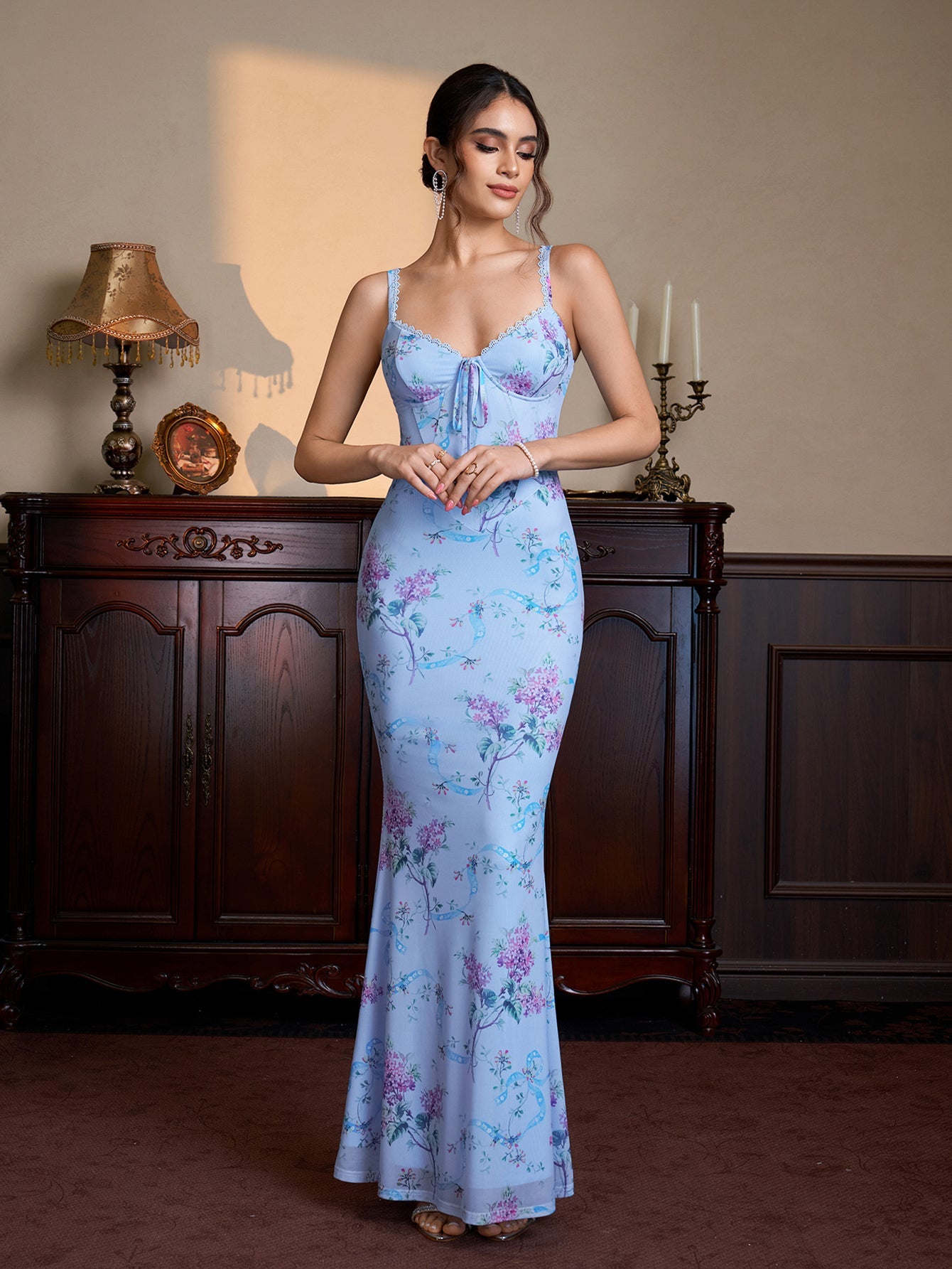 Lace Trim Tie Front Zipper Floral Print Mesh Dress