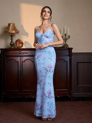 Lace Trim Tie Front Zipper Floral Print Mesh Dress