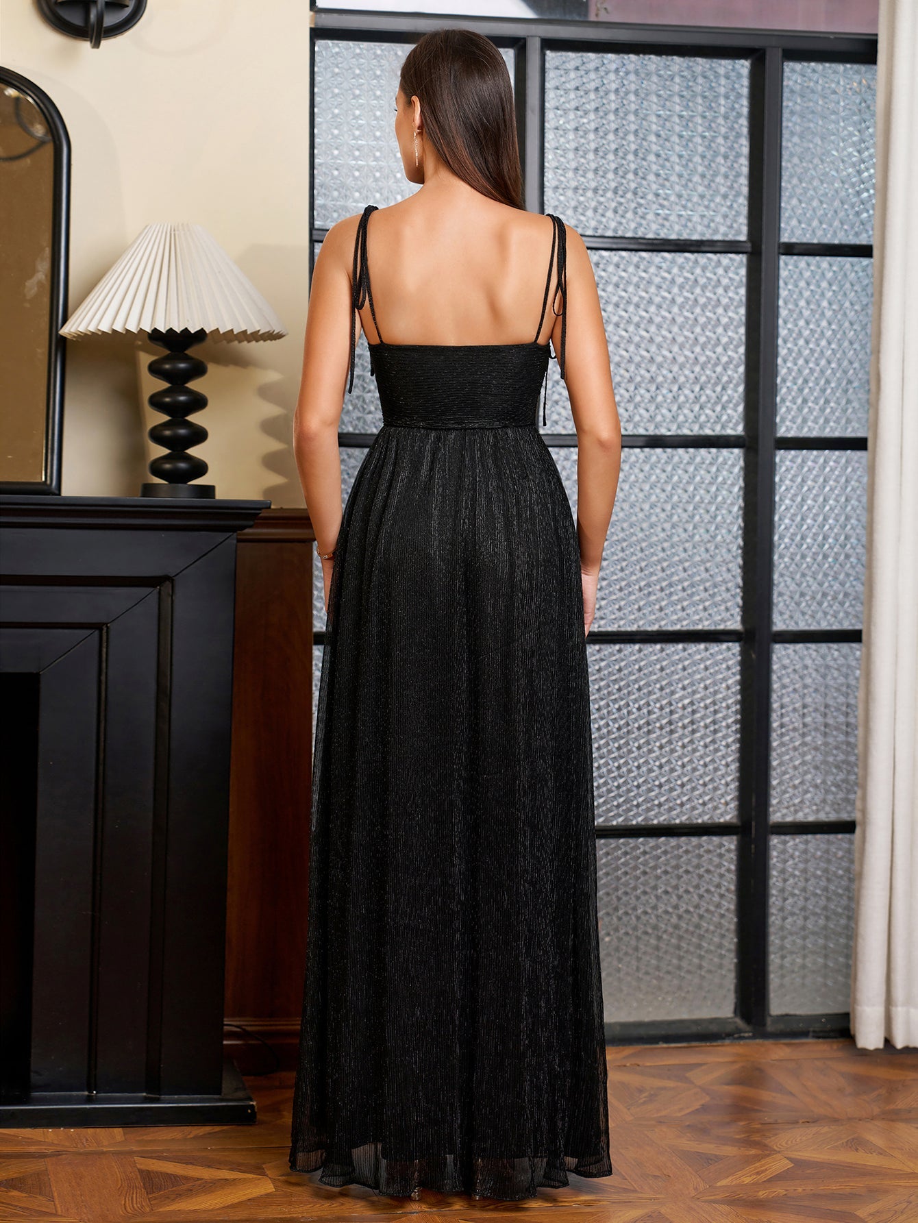 Lacing Strap Cut Out Glitter Maxi Dress