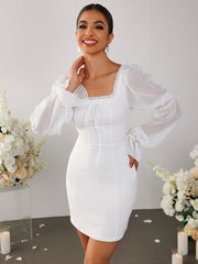 Lantern Sleeve Tie Front Backless Bodycon Dress