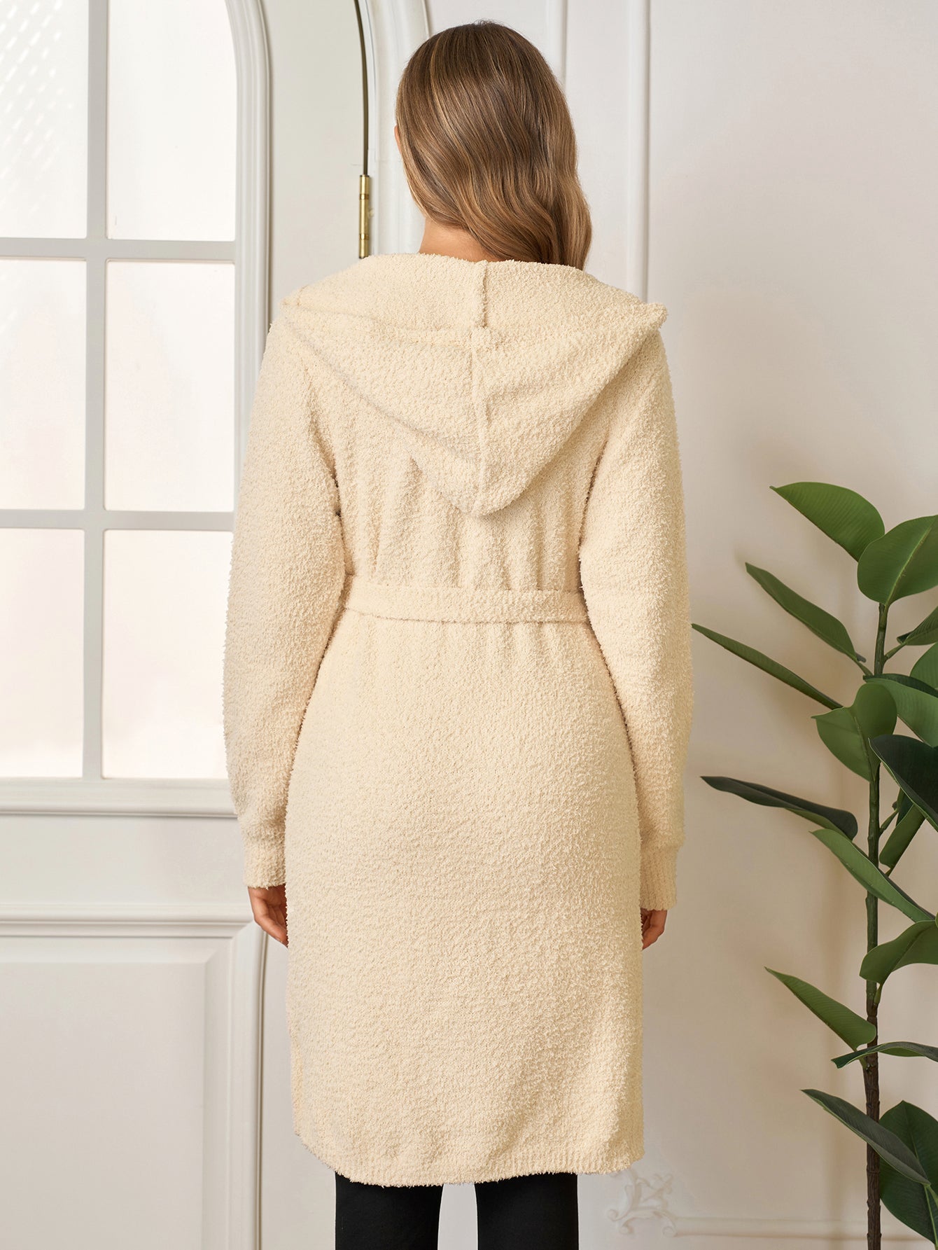 Long Sleeve Pocket Belted Hood Solid Sweater