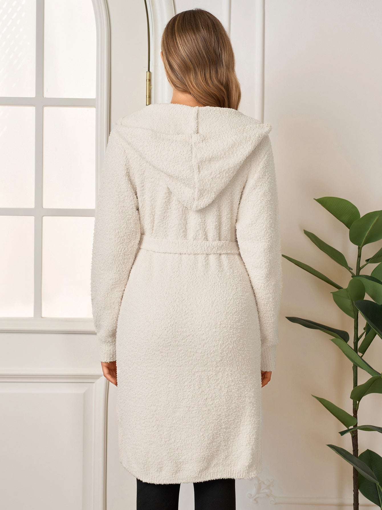 Long Sleeve Pocket Belted Hood Solid Sweater