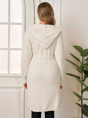 Long Sleeve Pocket Belted Hood Solid Sweater