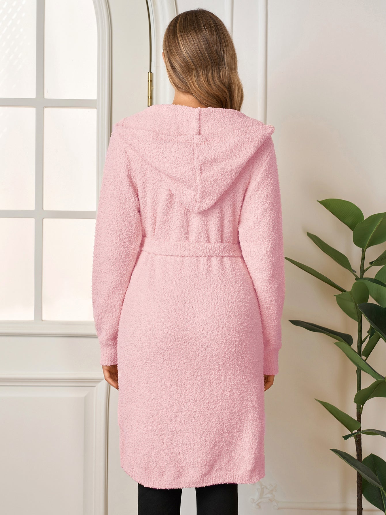 Long Sleeve Pocket Belted Hood Solid Sweater