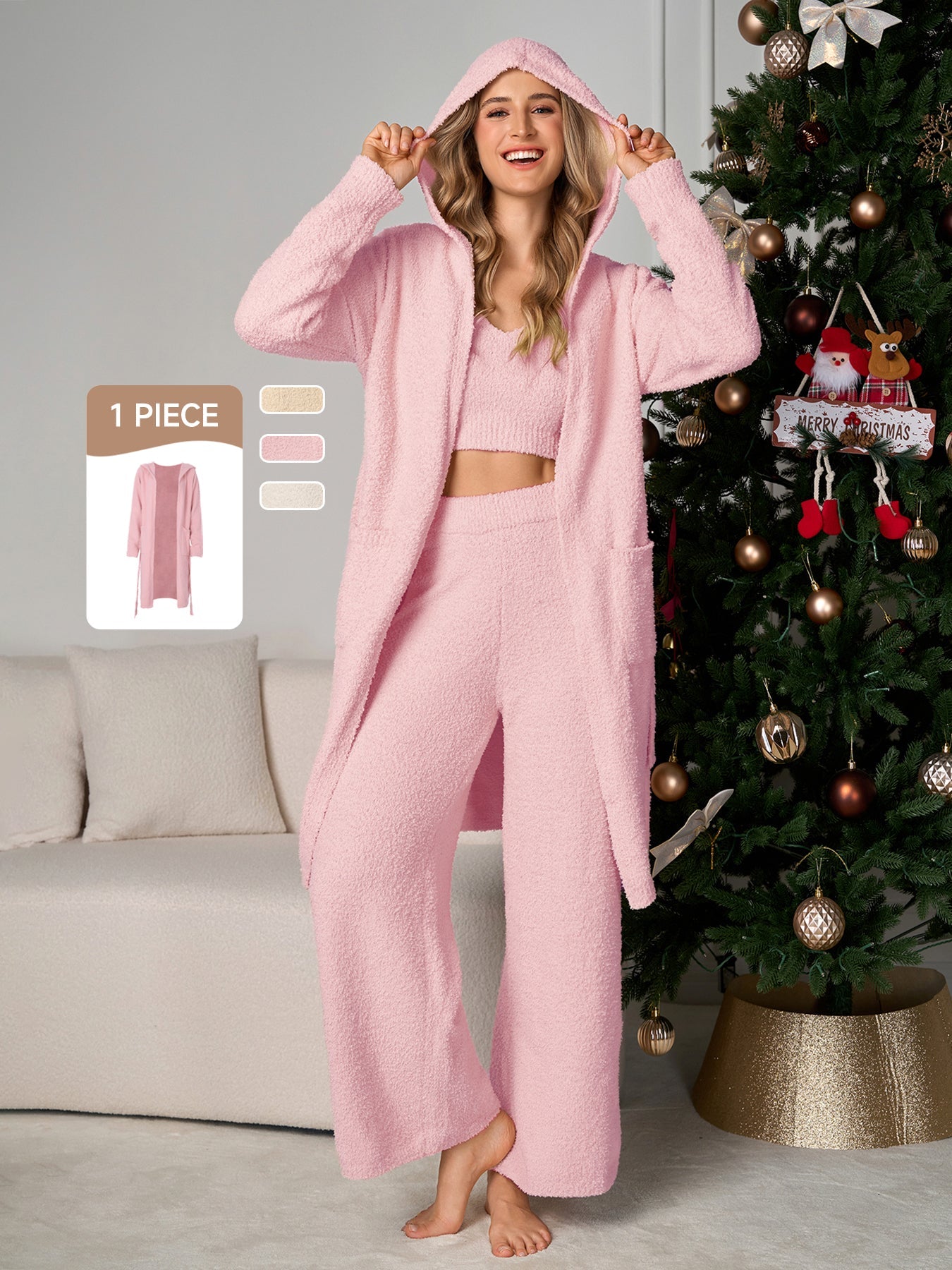 Long Sleeve Pocket Belted Hood Solid Sweater