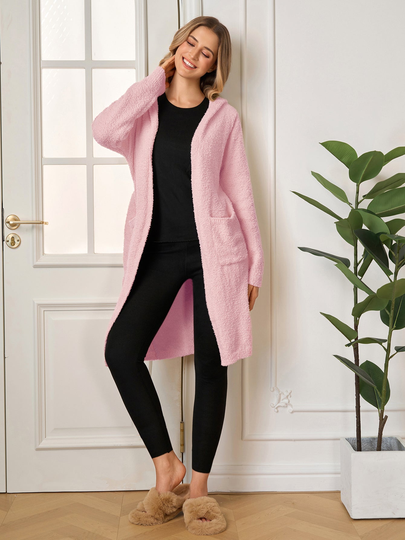Long Sleeve Pocket Belted Hood Solid Sweater