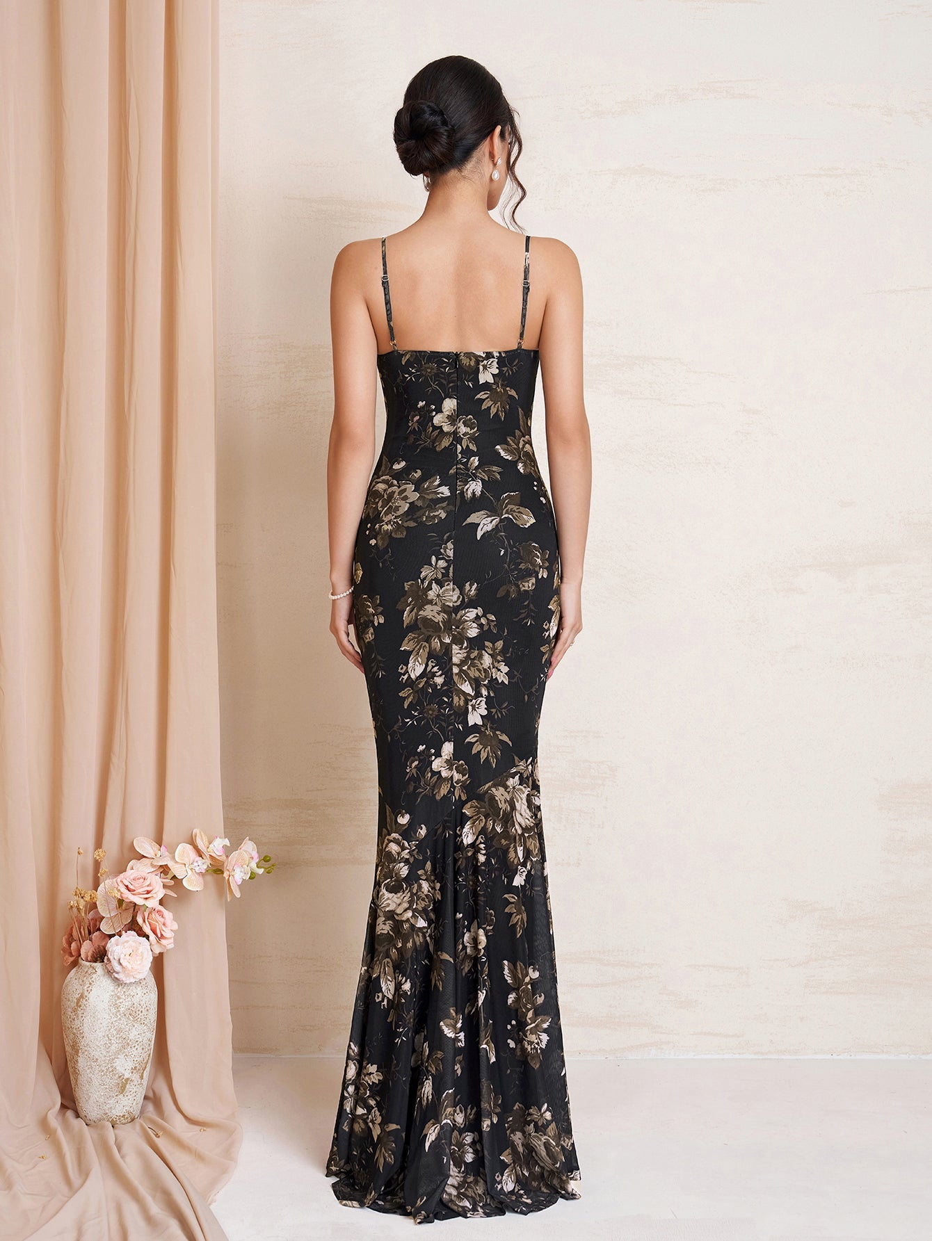Mermaid Hem Bodycon Floral Print Mesh Dress