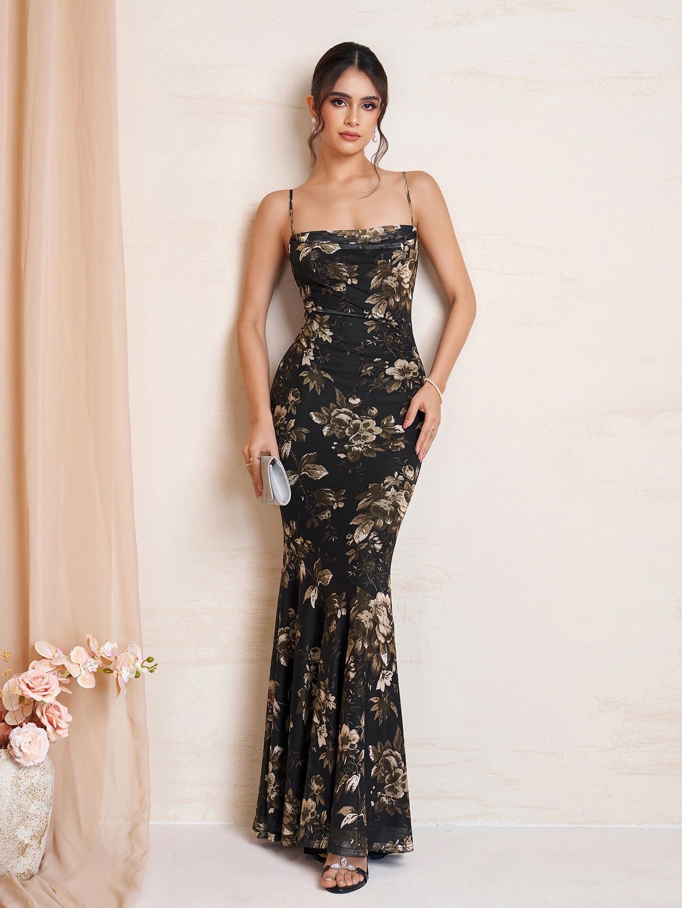 Mermaid Hem Bodycon Floral Print Mesh Dress