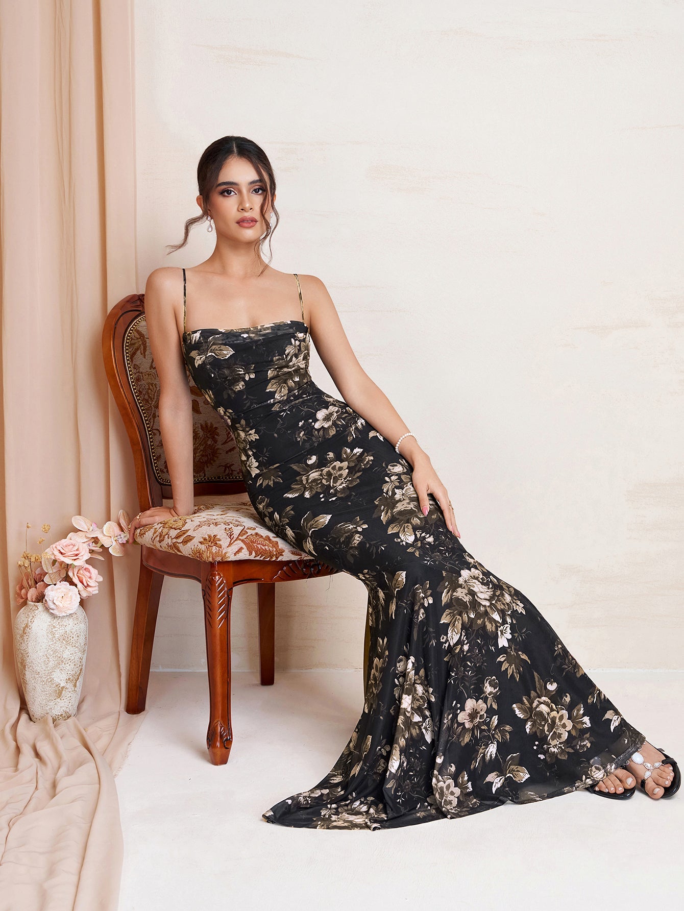 Mermaid Hem Bodycon Floral Print Mesh Dress