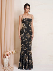 Mermaid Hem Bodycon Floral Print Mesh Dress