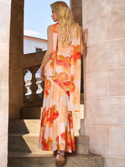 Mesh Floral Print Asymmetrical Hem Ribbon Decoration Tube Dress