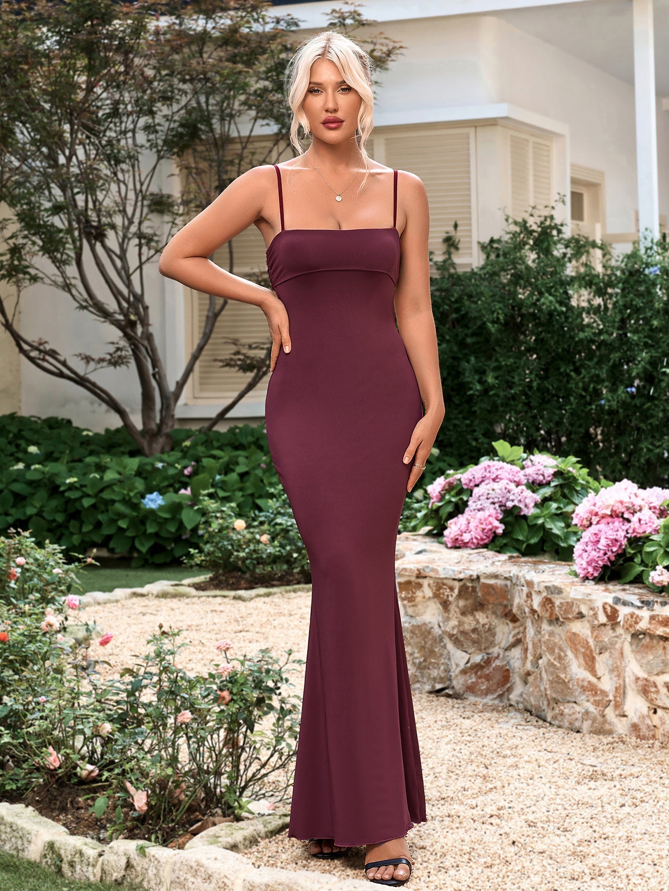 Sexy Suspender Solid Color Fishtail Bodycon Maxi Dress