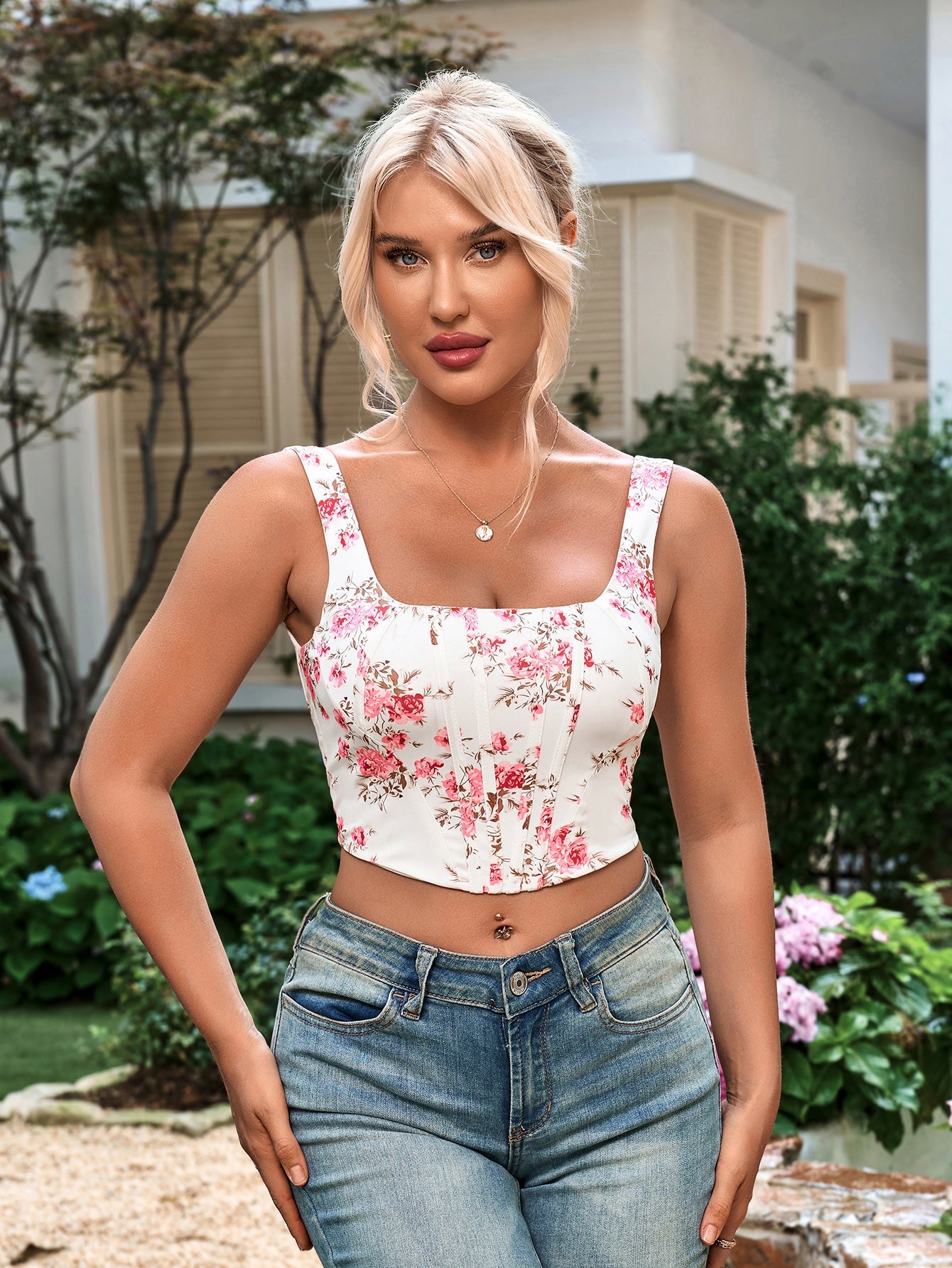 Ditsy Floral Print Hanky Hem Tank Top