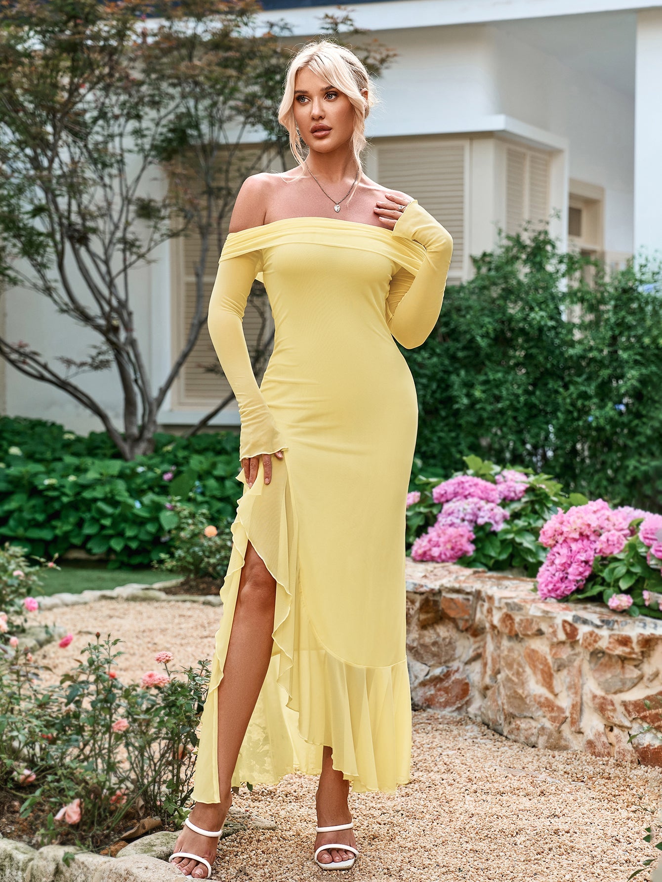Solid Long-Sleeved Off-Shoulder Slit Ruched Bandeau Maxi Dress