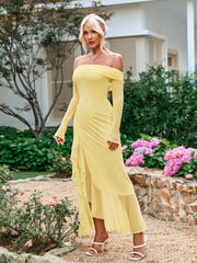 Solid Long-Sleeved Off-Shoulder Slit Ruched Bandeau Maxi Dress