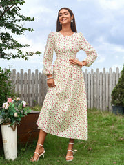 British-Style Square-Neck Long-Sleeved Ruched Floral Maxi Dress