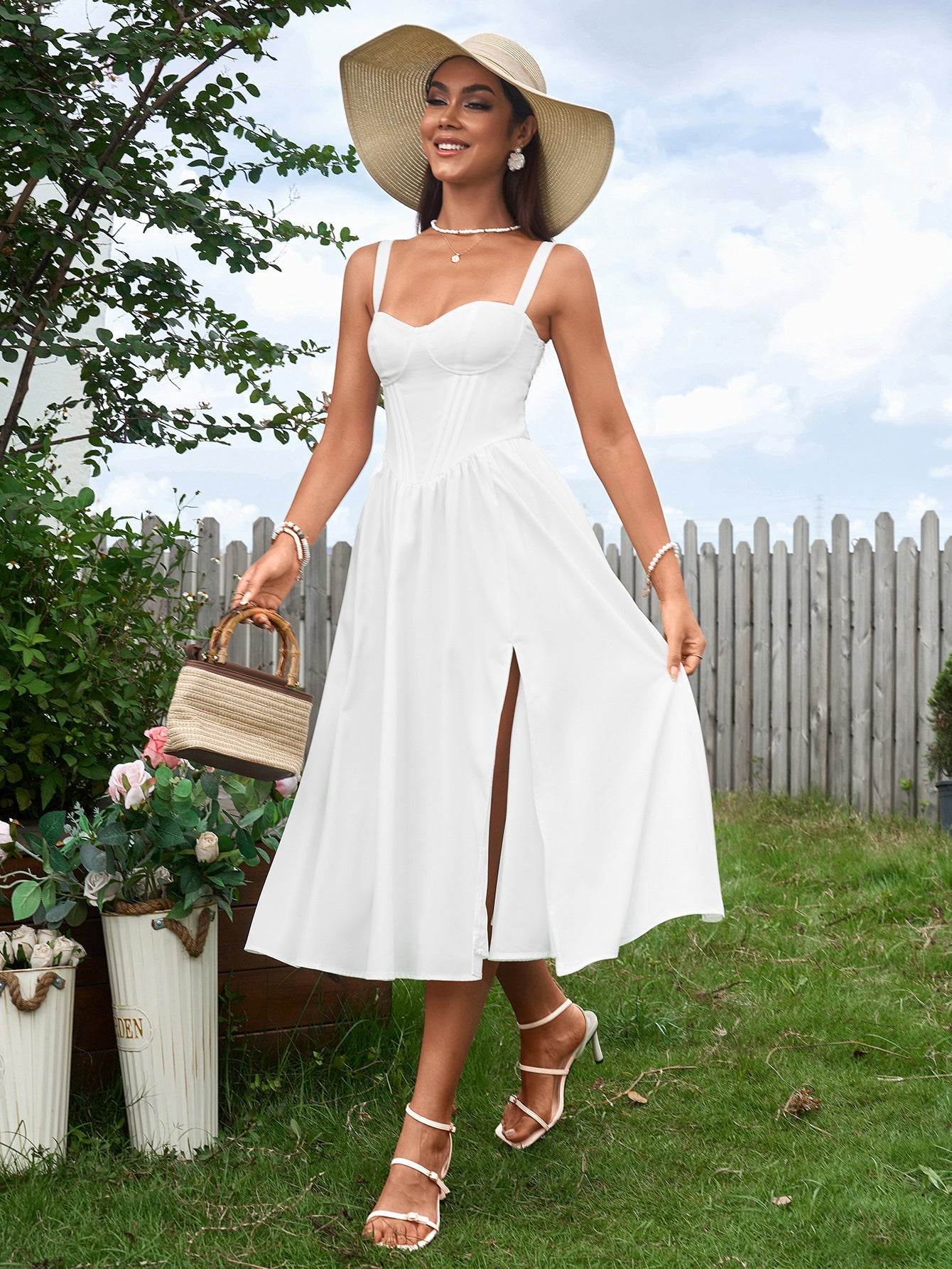 Sexy Sleeveless Solid Backless Slip Corset Midi Dress