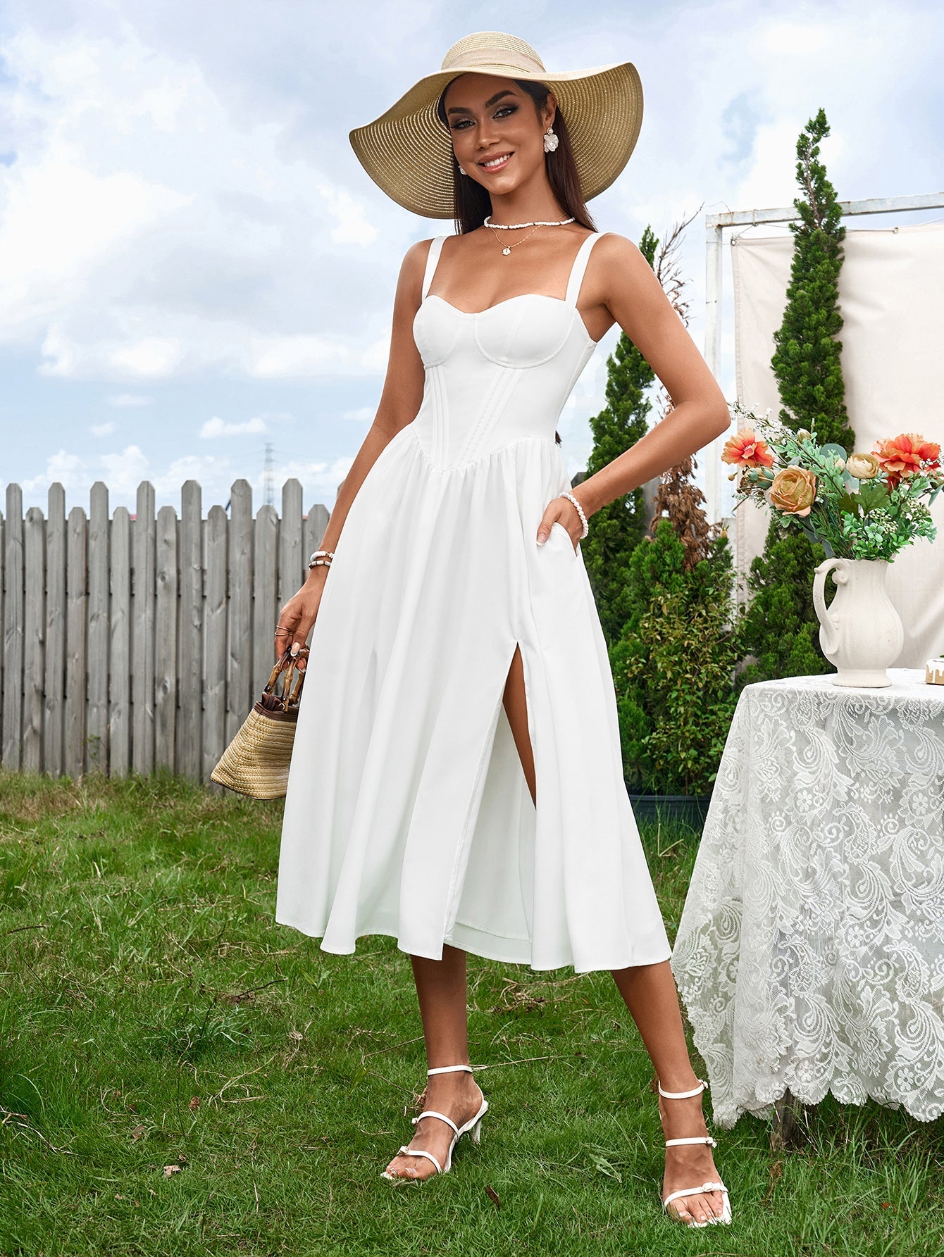 Sexy Sleeveless Solid Backless Slip Corset Midi Dress