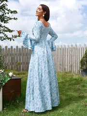 Elegant Square Neck Long Sleeves Cinched Waist Printed Ruched Maxi Dress