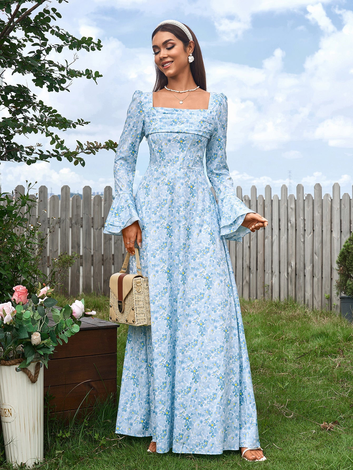 Elegant Square Neck Long Sleeves Cinched Waist Printed Ruched Maxi Dress