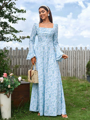 Elegant Square Neck Long Sleeves Cinched Waist Printed Ruched Maxi Dress