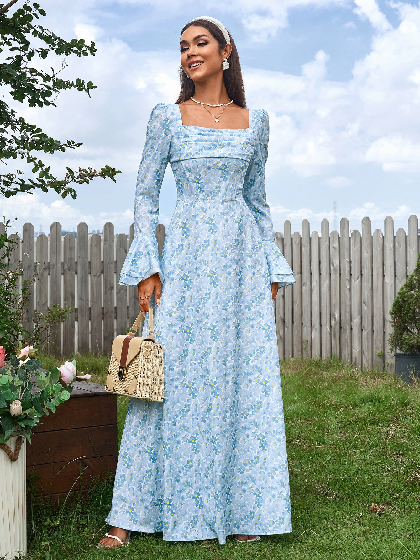 Elegant Square Neck Long Sleeves Cinched Waist Printed Ruched Maxi Dress