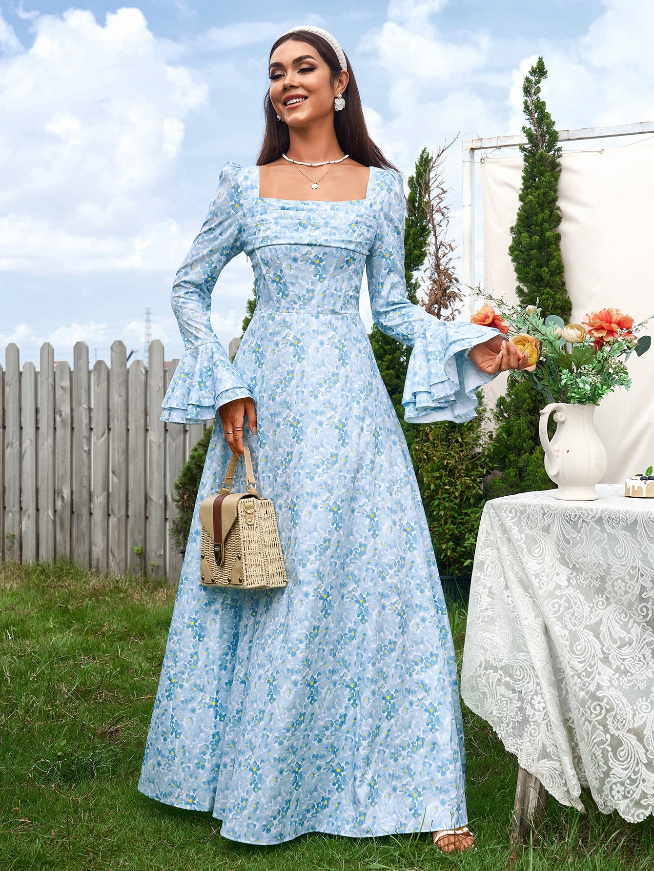 Elegant Square Neck Long Sleeves Cinched Waist Printed Ruched Maxi Dress