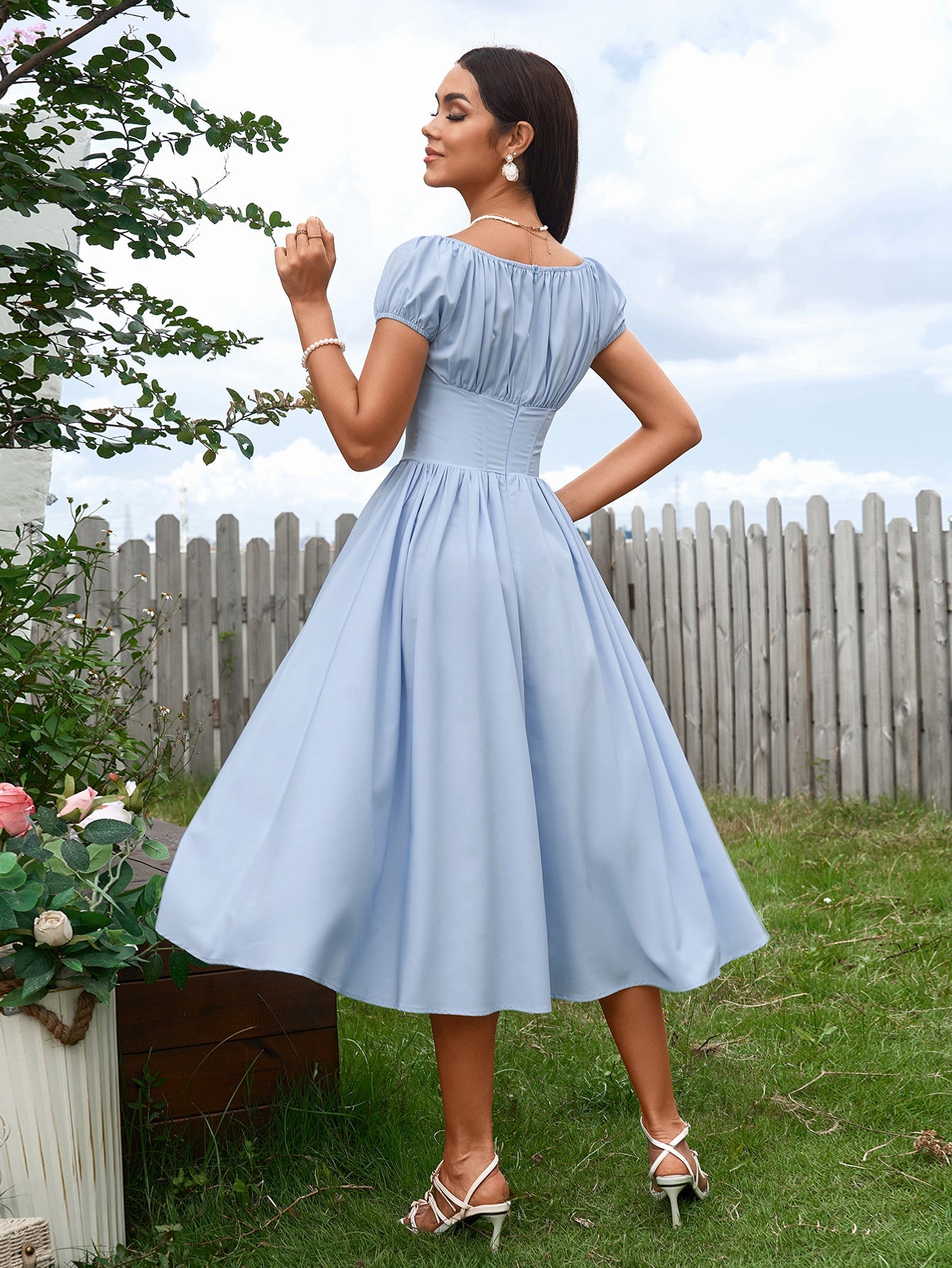 Vintage-Inspired Solid Ruched Off-Shoulder Midi Dress