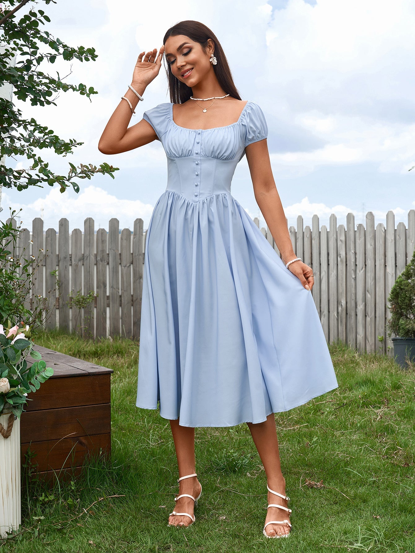 Vintage-Inspired Solid Ruched Off-Shoulder Midi Dress