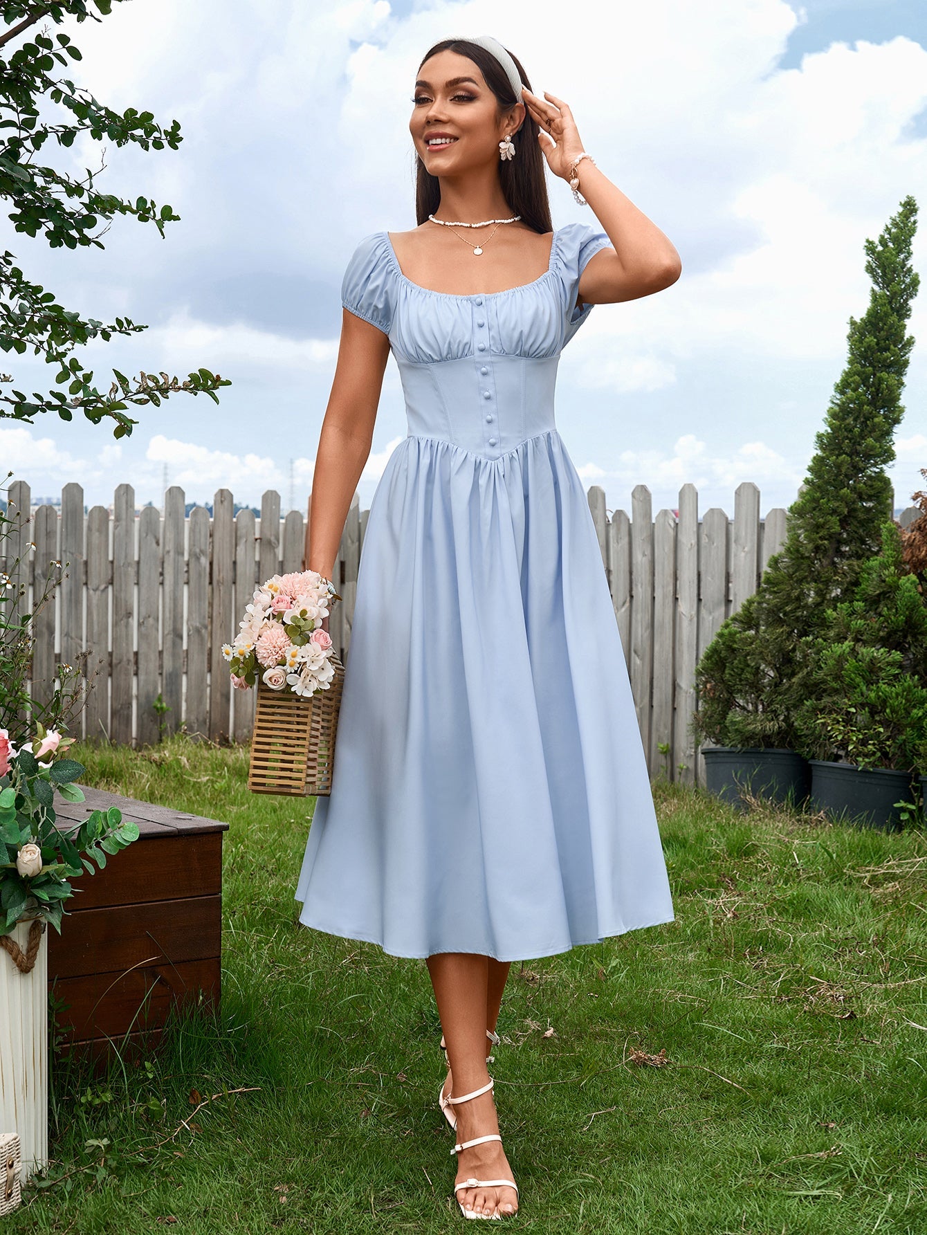 Vintage-Inspired Solid Ruched Off-Shoulder Midi Dress
