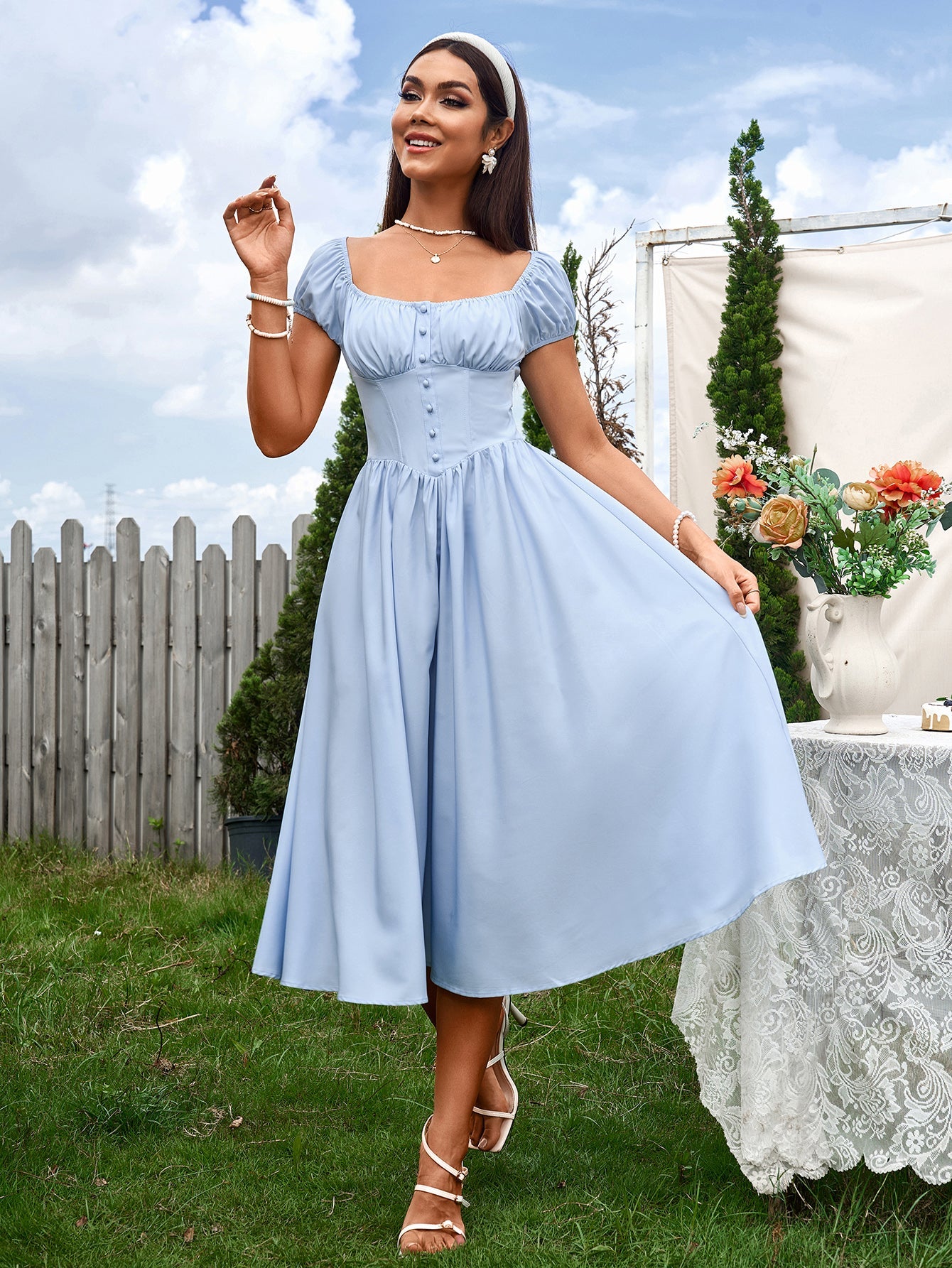 Vintage-Inspired Solid Ruched Off-Shoulder Midi Dress