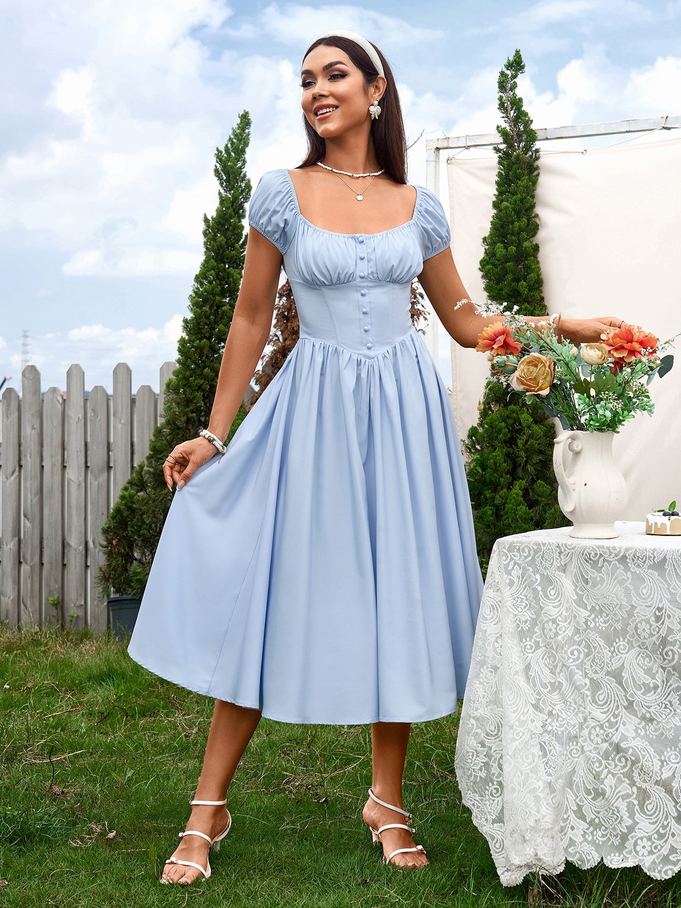 Vintage-Inspired Solid Ruched Off-Shoulder Midi Dress