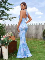 Elegant Sleeveless Backless Halter Neck Floral Ruched Bodycon Maxi Dress