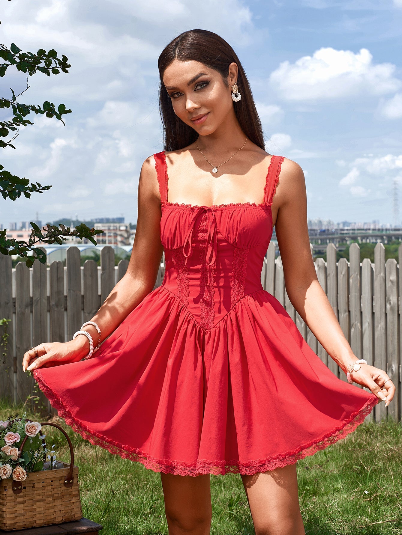 Lace-Trimmed Skater Dress