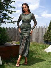 Temperament Mesh Print Long Sleeves Ruched Bodycon Midi Dress