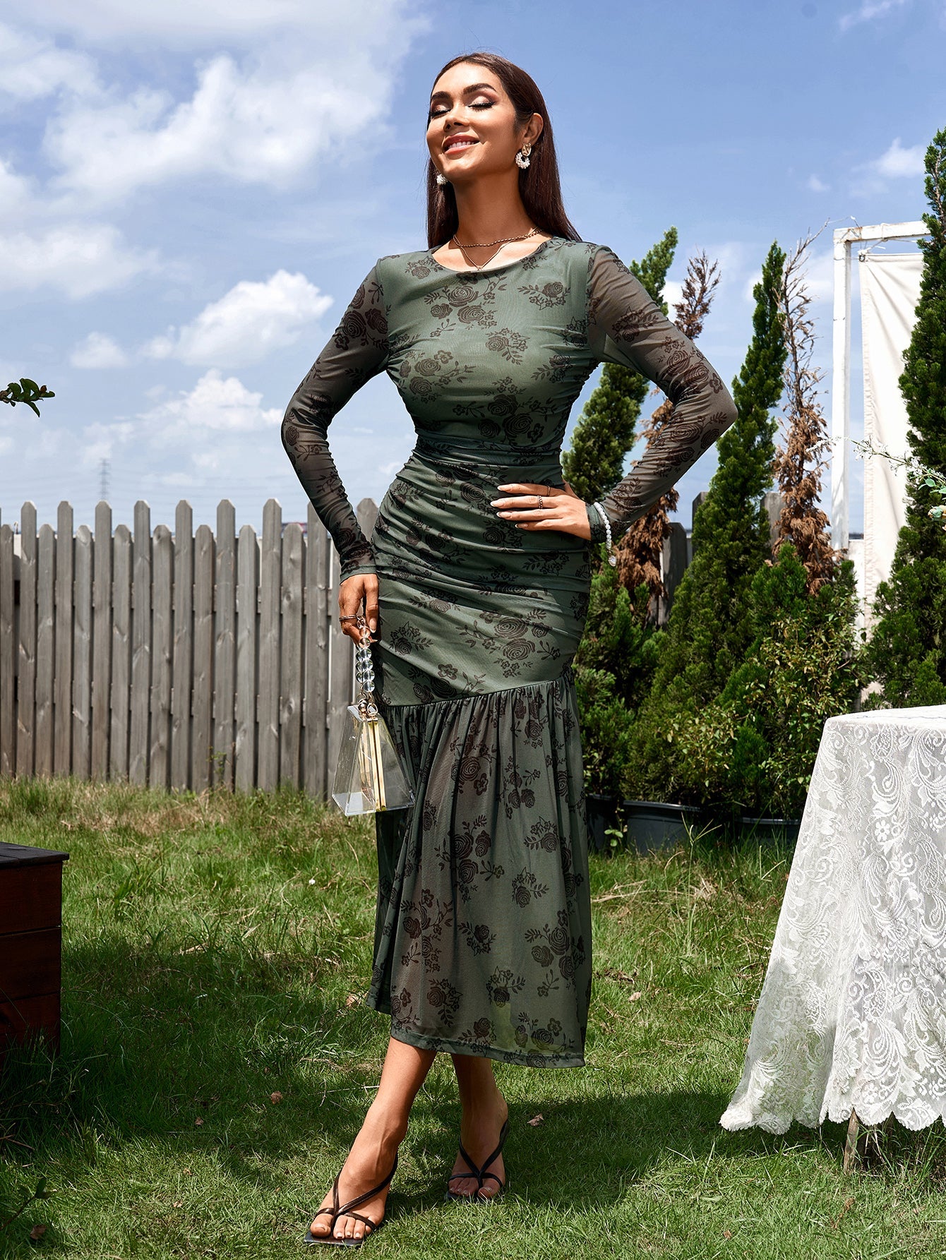 Temperament Mesh Print Long Sleeves Ruched Bodycon Midi Dress