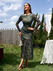 Temperament Mesh Print Long Sleeves Ruched Bodycon Midi Dress