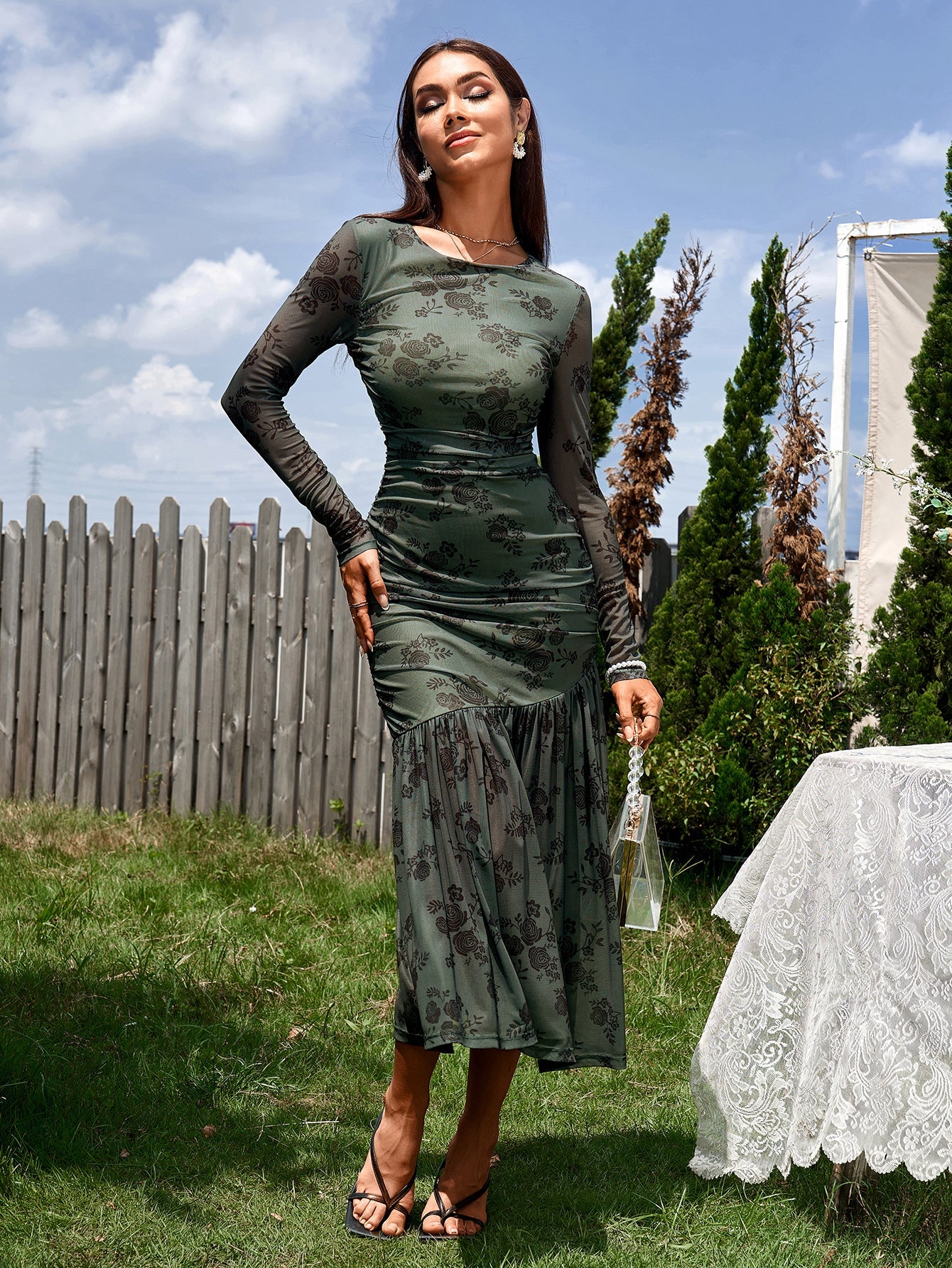Temperament Mesh Print Long Sleeves Ruched Bodycon Midi Dress