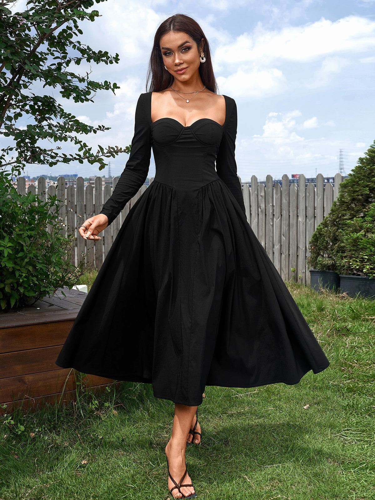 Sexy Solid Square Neck Backless Long Sleeves Ruched Midi Dress