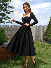 Sexy Solid Square Neck Backless Long Sleeves Ruched Midi Dress