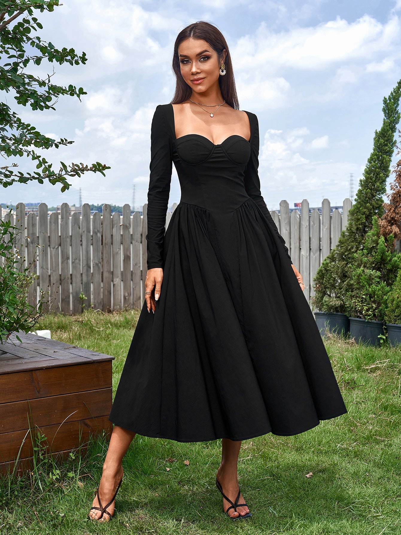Sexy Solid Square Neck Backless Long Sleeves Ruched Midi Dress