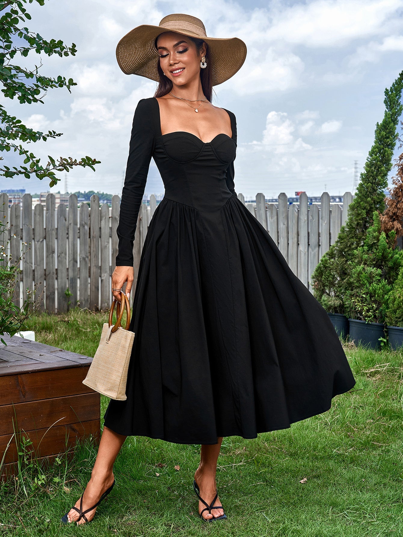Sexy Solid Square Neck Backless Long Sleeves Ruched Midi Dress