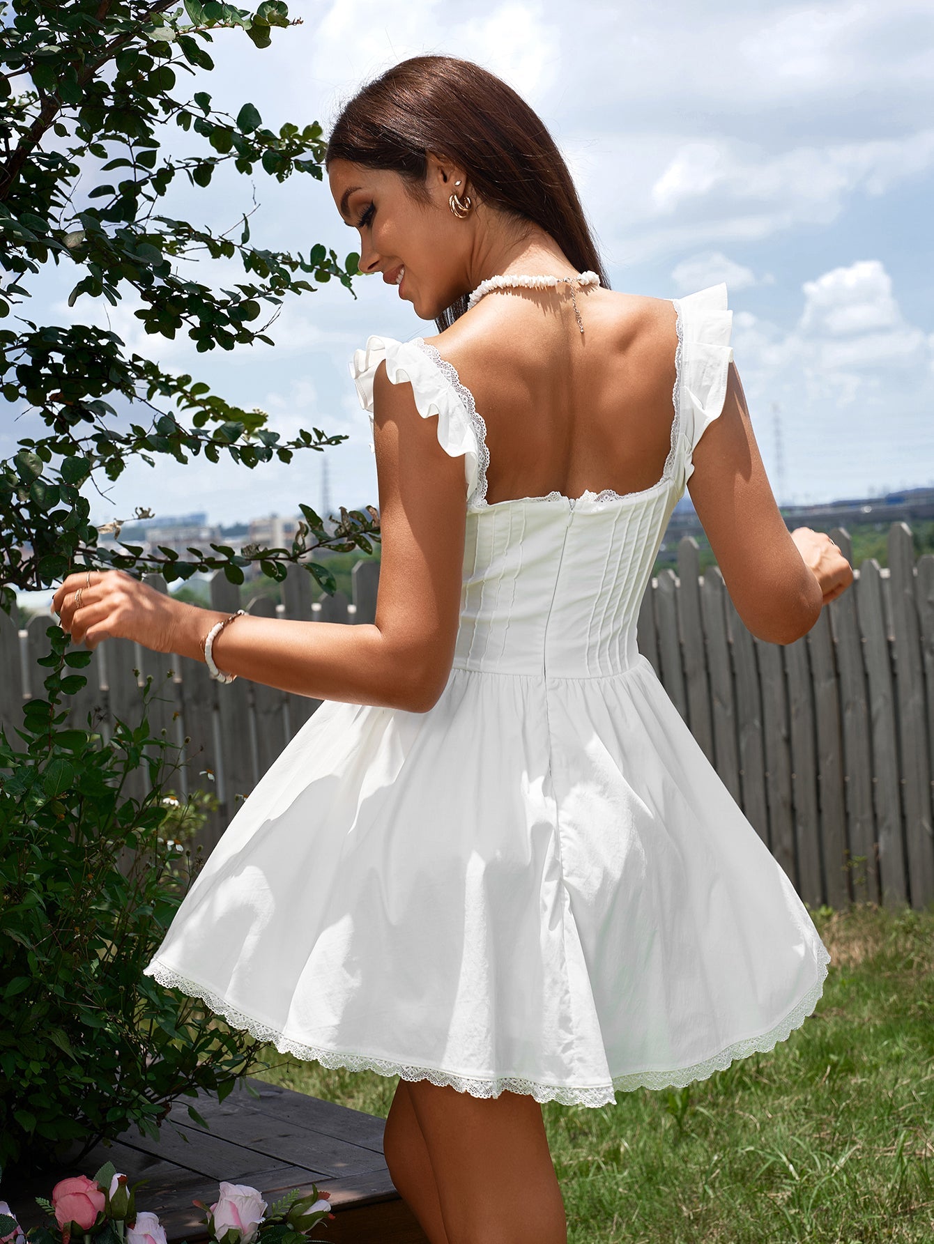 Lace-Trimmed Square-Neck Ruched Sleeveless Mini Dress