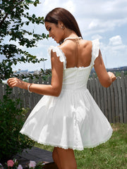 Lace-Trimmed Square-Neck Ruched Sleeveless Mini Dress