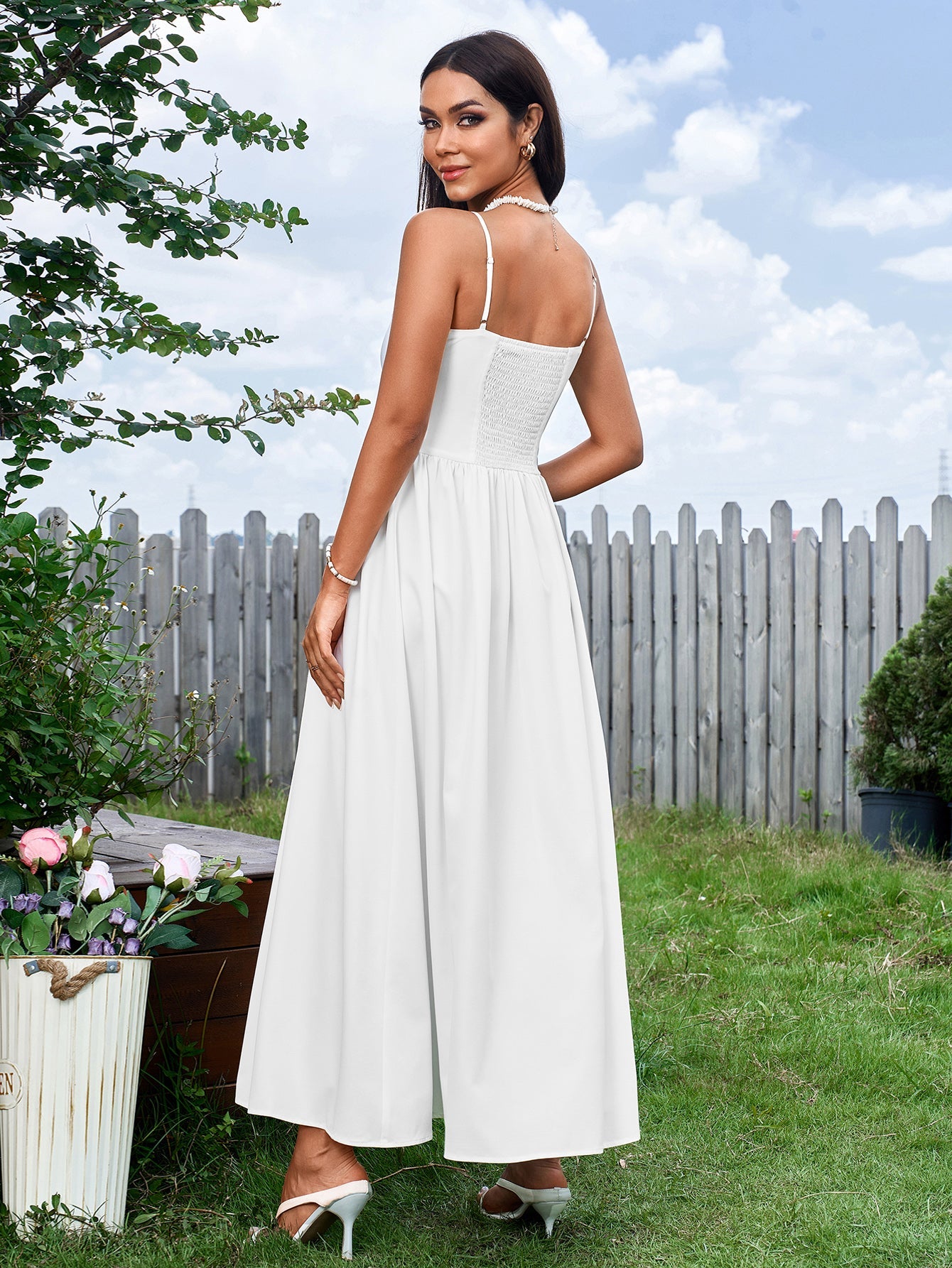 Solid Sleeveless Backless Waist-Cinching Ruched Slip Maxi Dress