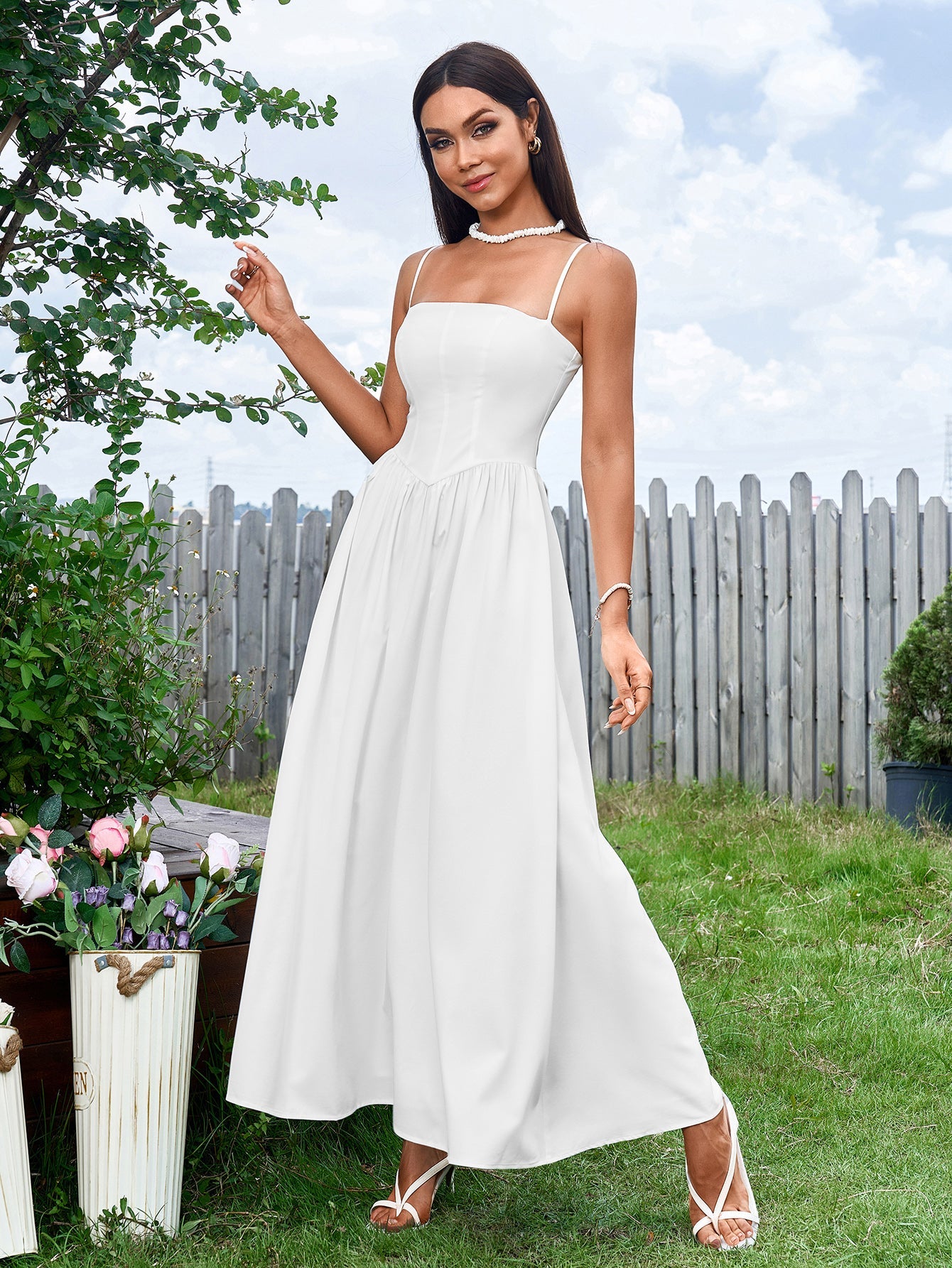 Solid Sleeveless Backless Waist-Cinching Ruched Slip Maxi Dress