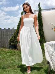 Solid Sleeveless Backless Waist-Cinching Ruched Slip Maxi Dress