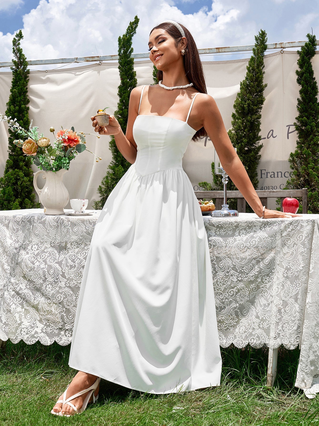 Solid Sleeveless Backless Waist-Cinching Ruched Slip Maxi Dress